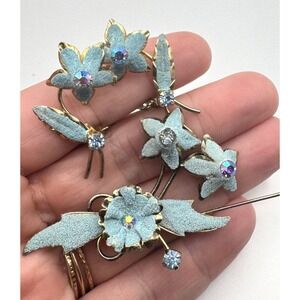 Vintage Austria Flower Brooch & Clip On Earrings Jewelry Set Blue Rhinestone AB
